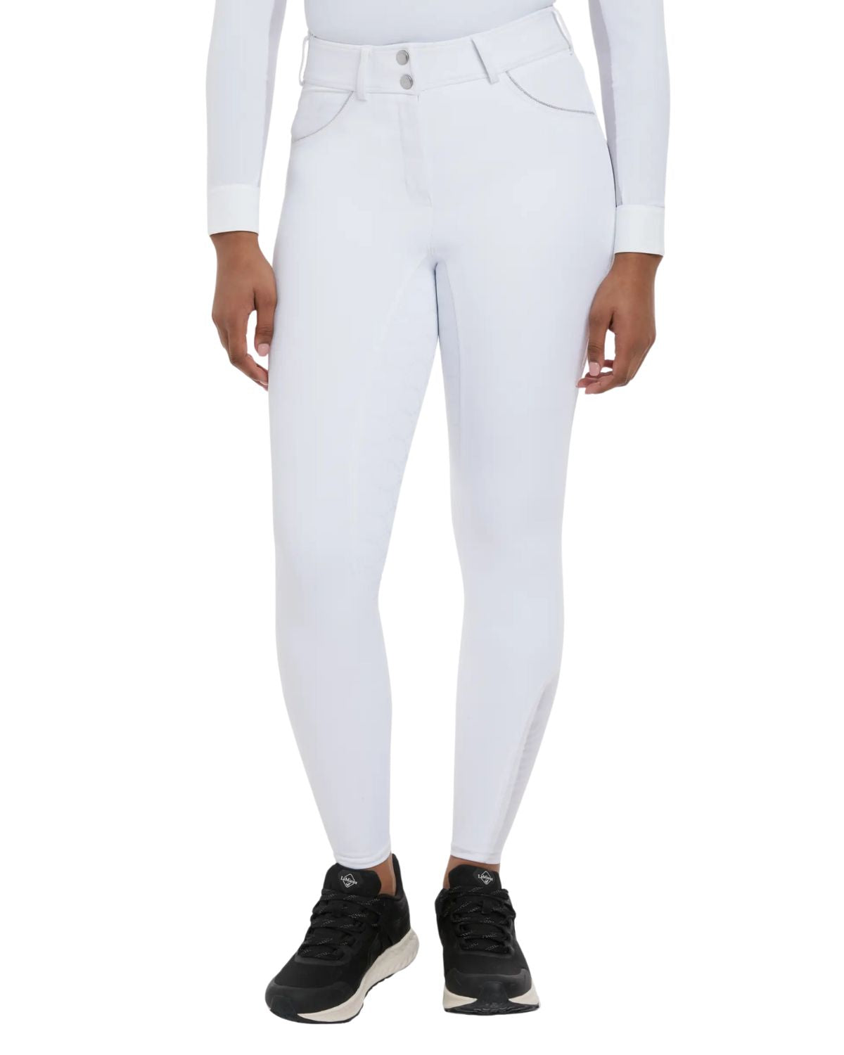 LEMIEUX VICTORIA BREECH SILICONE SEAT WHITE: High-waisted dressage breeches for riders with silicone seat, opaque, and seam-free inside leg.