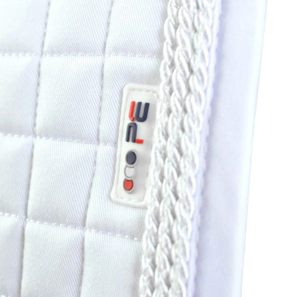 Premier Equine White Dressage Saddle Pad: Close-up of the European Cotton square with a high wither design. 