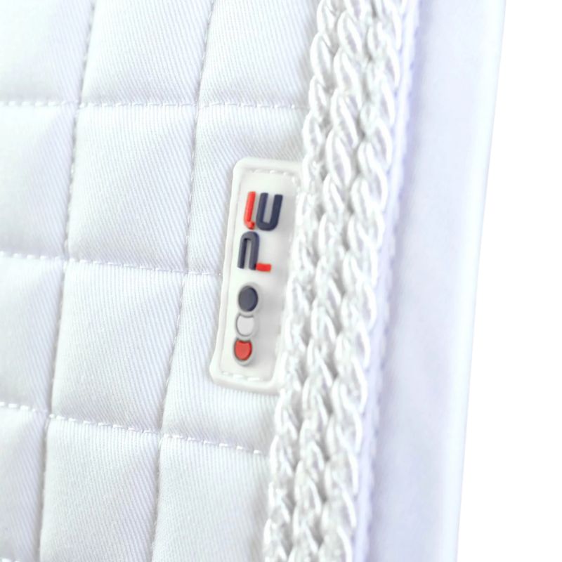Premier Equine White Dressage Saddle Pad: Close-up of the European Cotton square with a high wither design. 