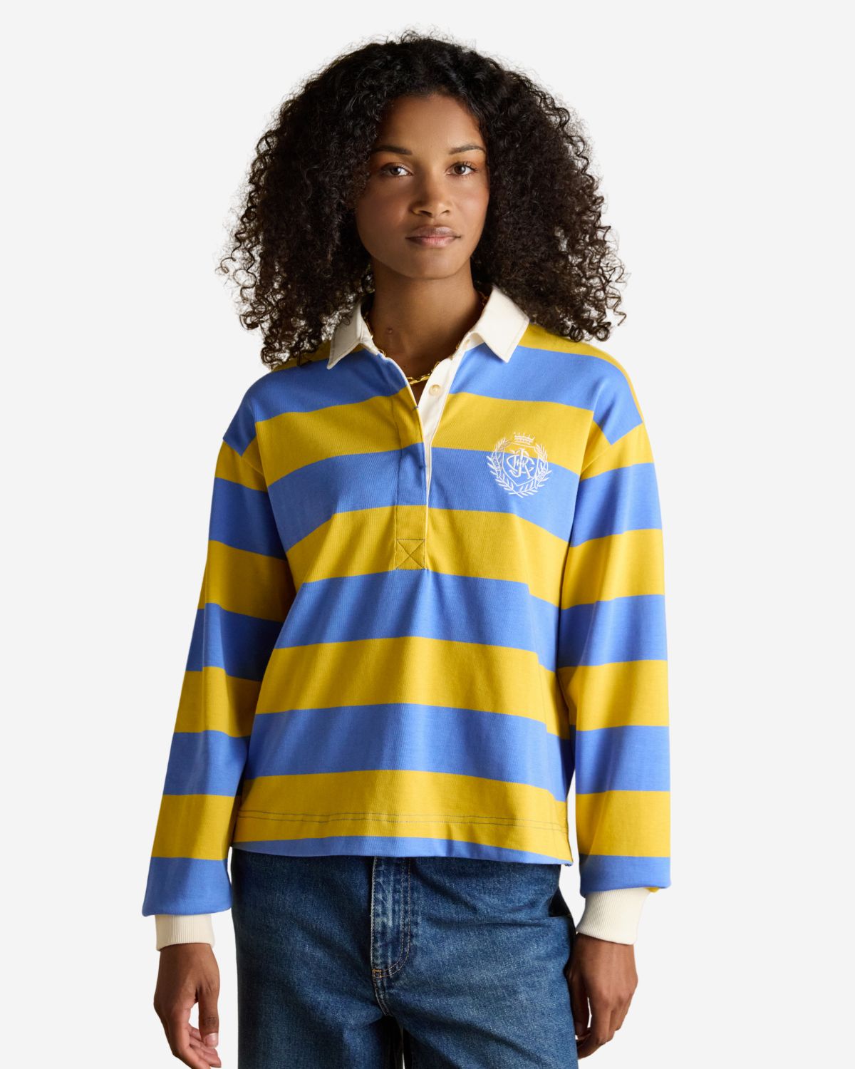 Joules Lara Yellow and Blue Stripe Boxy Fit Rugby Shirt