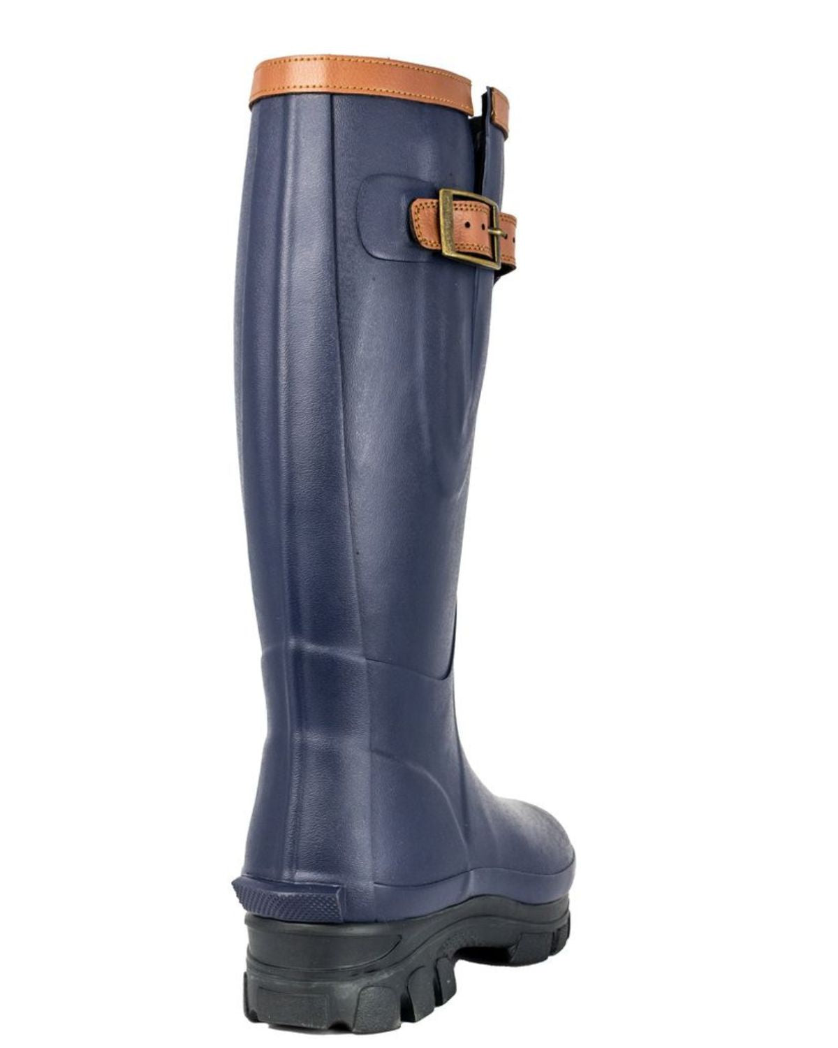 WOOF WEAR NEO WELLY Navy Equestrian Boot: Rubber Wellington Boot with Brown Leather Trim and Buckle