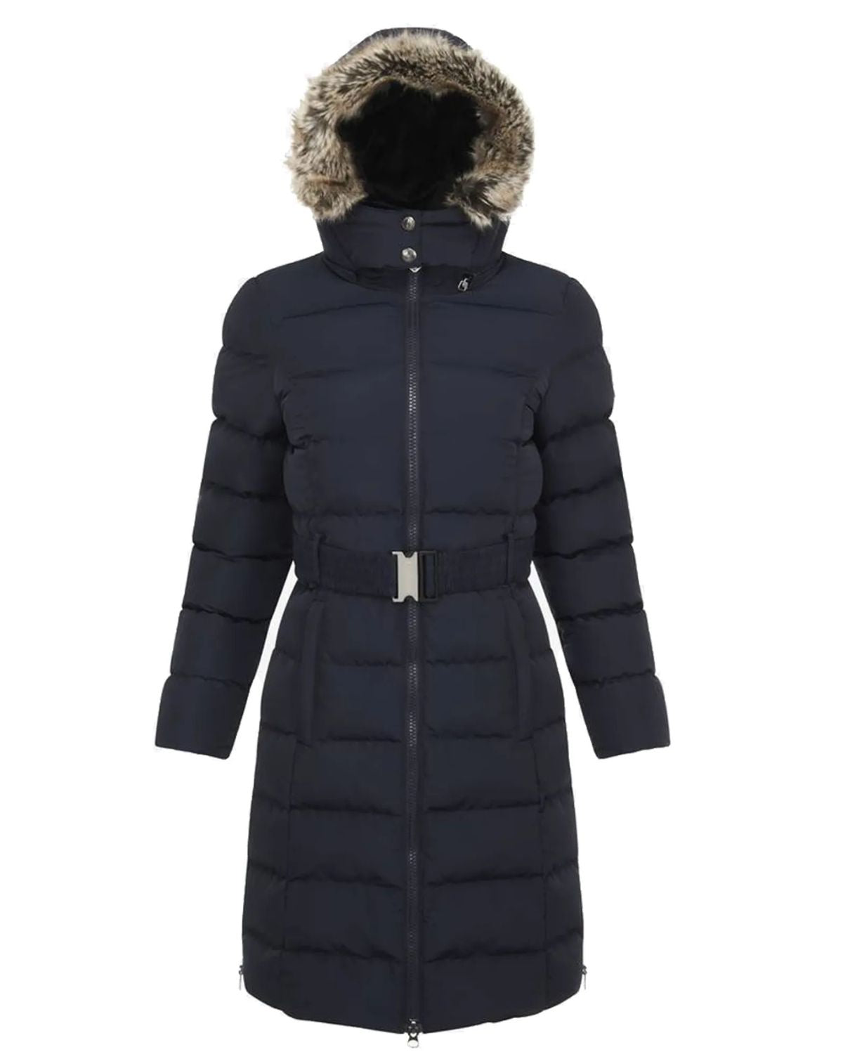 Lemieux Gina Navy Padded Coat for Women | Equiflair | Winter, Three-Quarter Length, Fur Hood, Belted