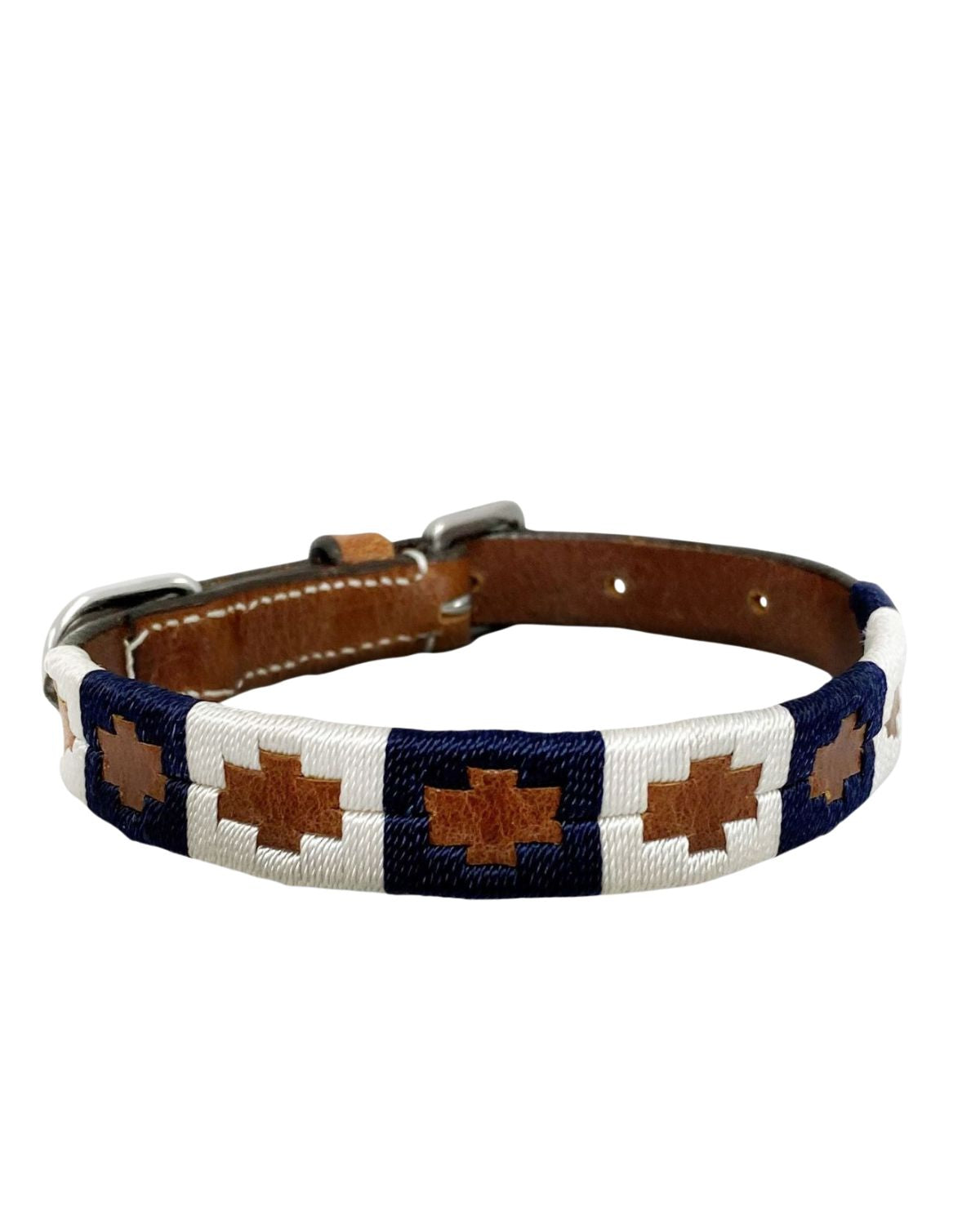 KM Elite Argentinian Dog Collar: Leather, Blue & White Polo Design