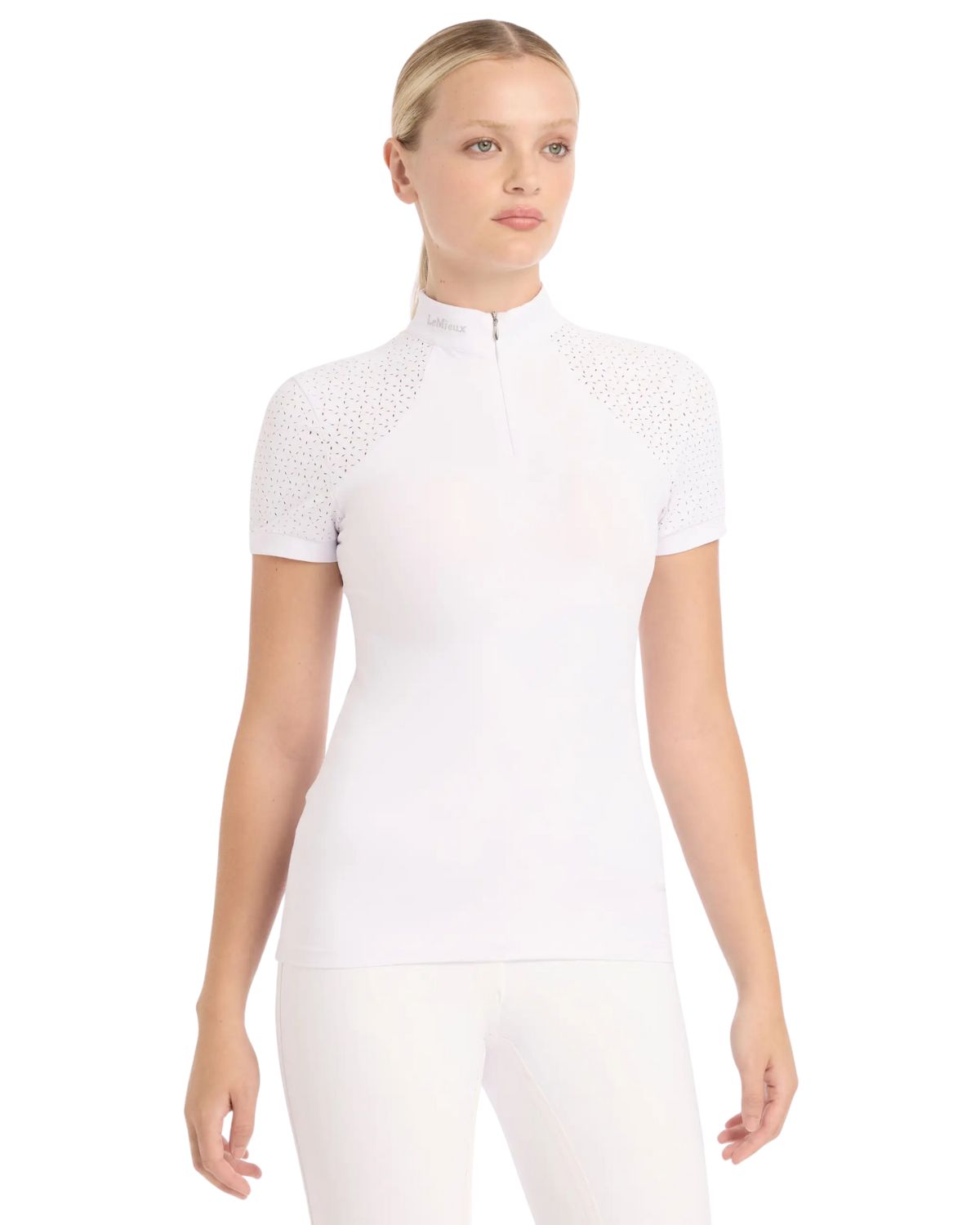 LEMIEUX Olivia White Show Shirt - Short Sleeve Equestrian Performance Top with Laser-Cut Sleeves