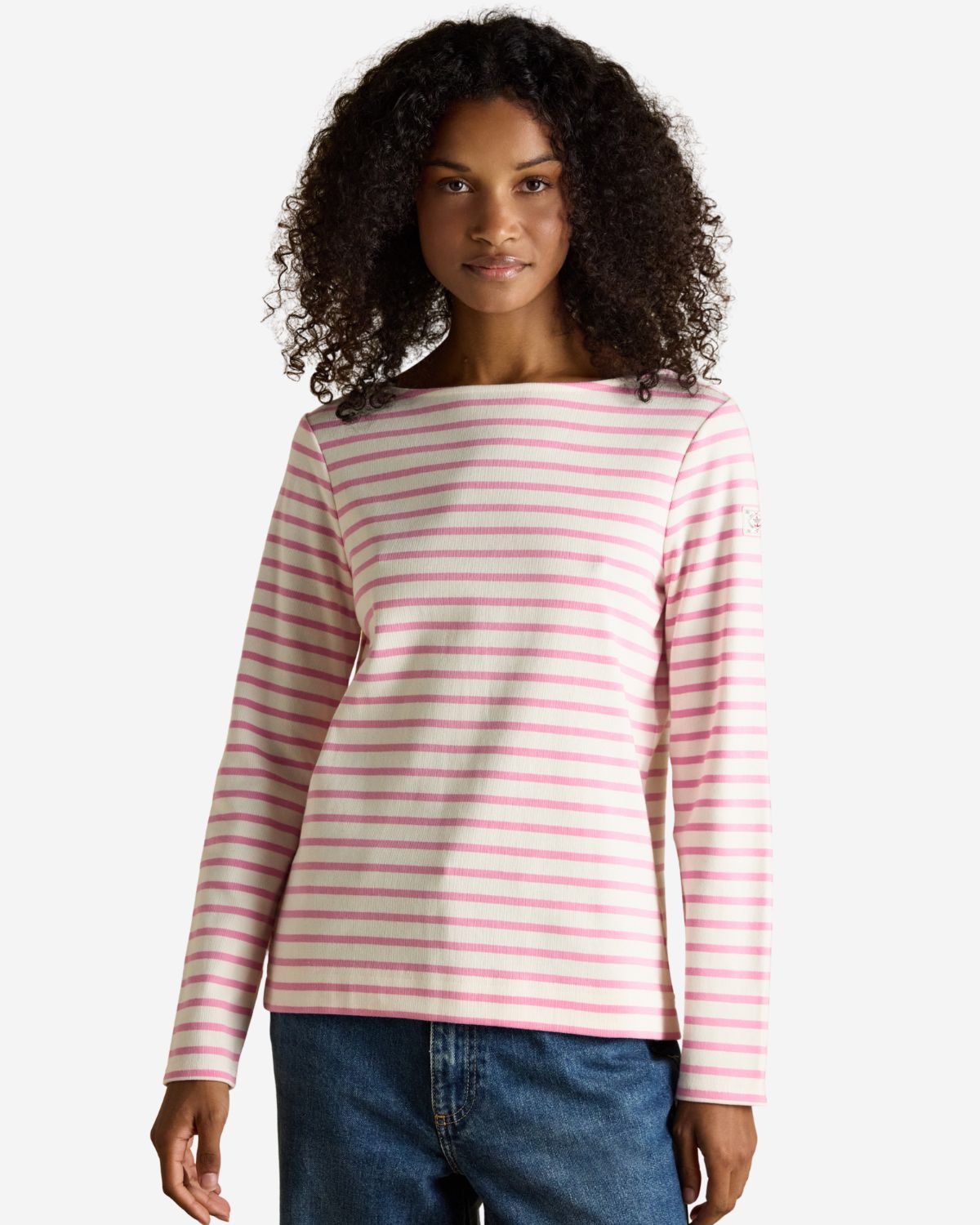 Joules Harbour Cream & Pink Striped Boat Neck Long Sleeve Breton Top