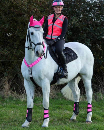Woman rider on horse wearing WOOF WEAR pink Hi-Vis safety vest & gear. Equestrian visibility accessories by Equiflair.