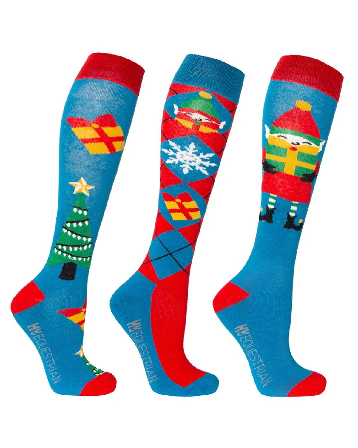 Hy Equestrian Jolly Elves Socks Pack of 3 Winter Blue/Festive Red - Riding Socks Clothing location-31143526467-outofstock