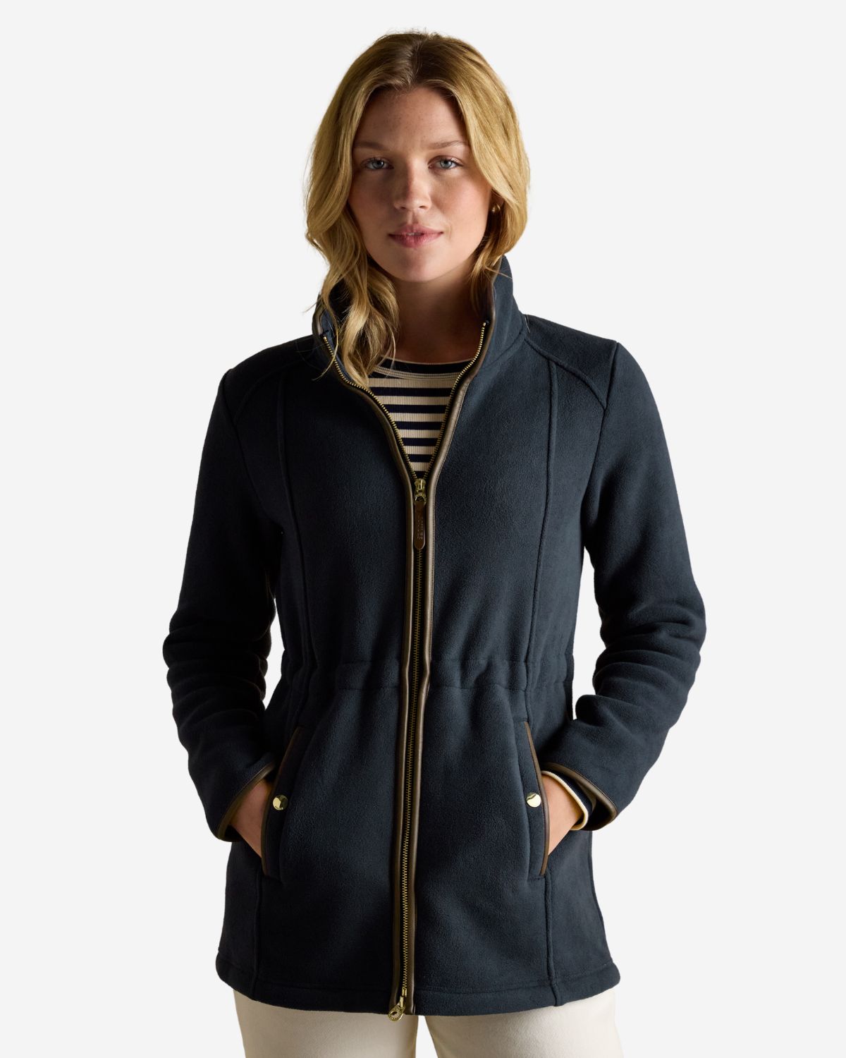 Joules Navy Fleece Jacket: Women's Longline Zip-Up, Heritage Style. Warm & Stylish Outerwear