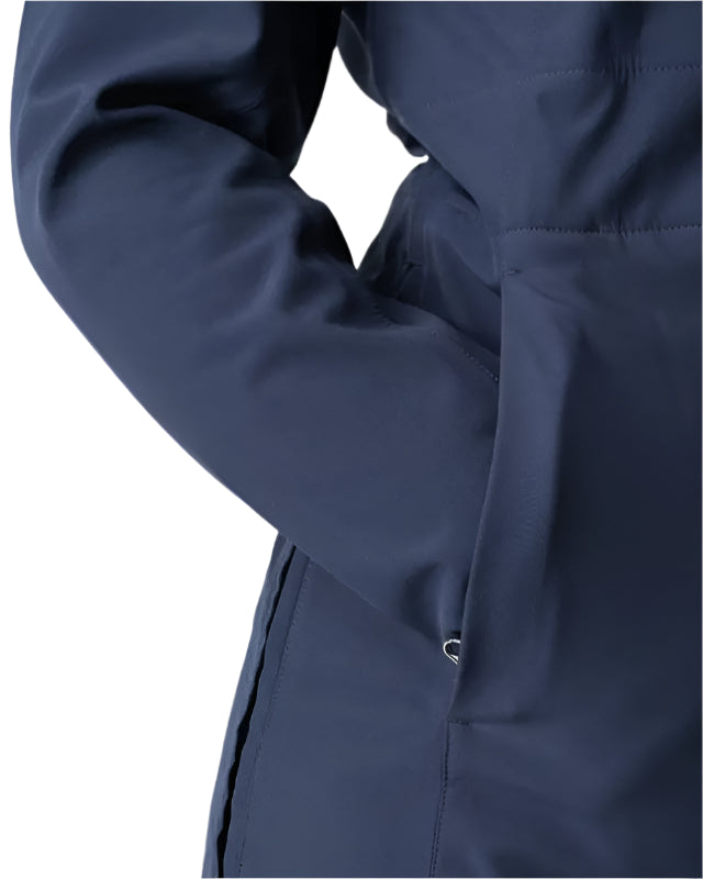 Lemieux Maisie Navy Lightweight Riding Jacket arm detail and pocket. Water resistant.