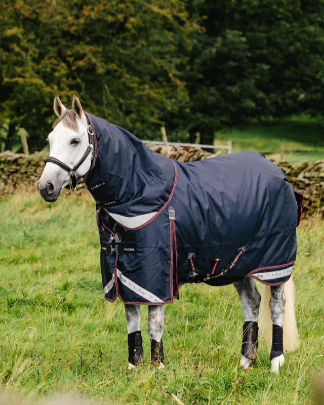 LeMieux Kudos Turnout Rug 100g in Navy on a Horse: Waterproof and Durable.