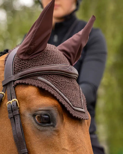 LE MIEUX Crystal Fly Hood Brown: Horse Fly Veil with Ear Bonnet and Crystal Detailing