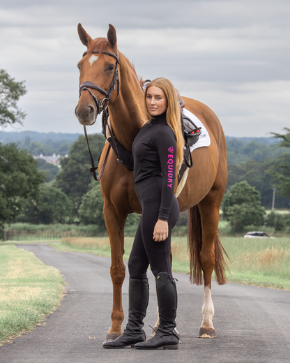 Equestrian Style: Equidry Riding Leggings - Water Repellent, Knee Grip, Women's Black/Pink, Horseback Riding Apparel