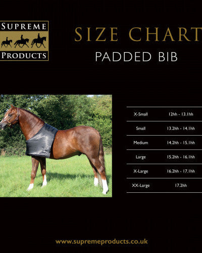 Size chart for a padded bib on a horse with Supreme Products logo