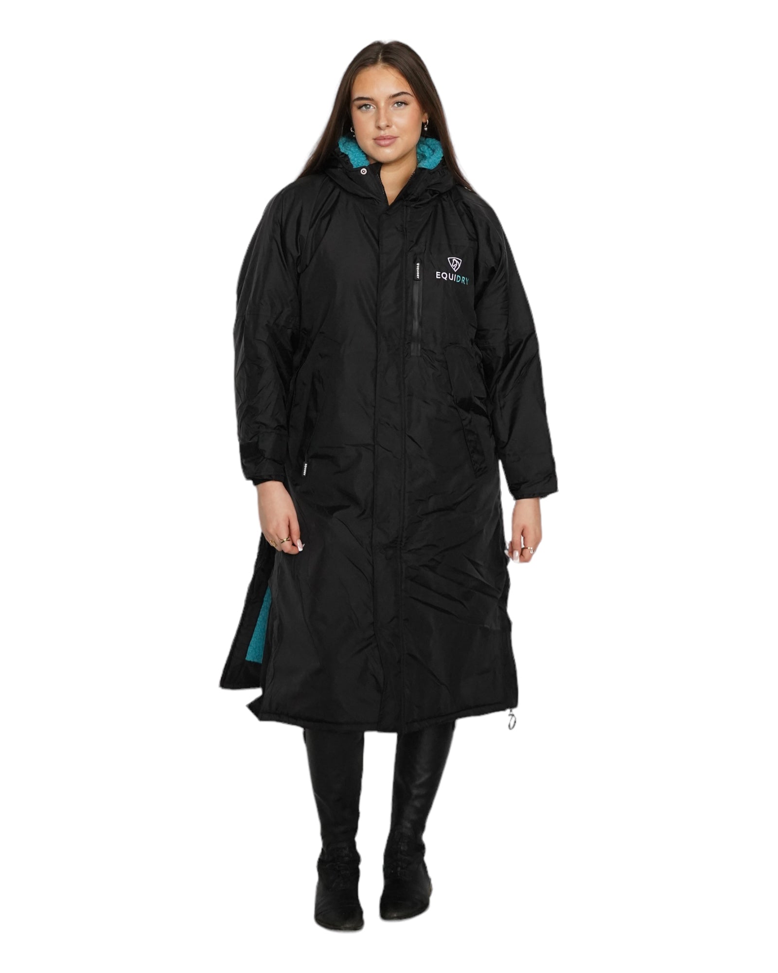 Equidry Evolution Women's Waterproof Riding Coat - Black/Turquoise Lined Equestrian Long Coat