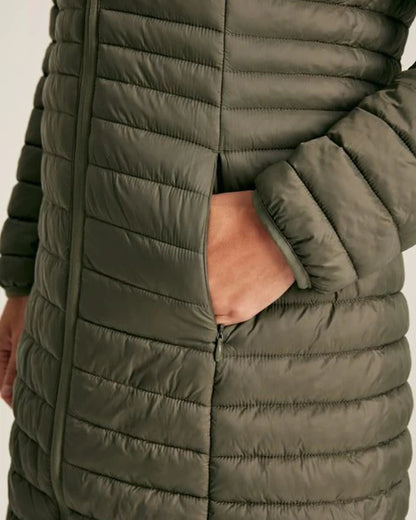 Joules Khaki Green Puffer Coat: Long, Showerproof & Packable