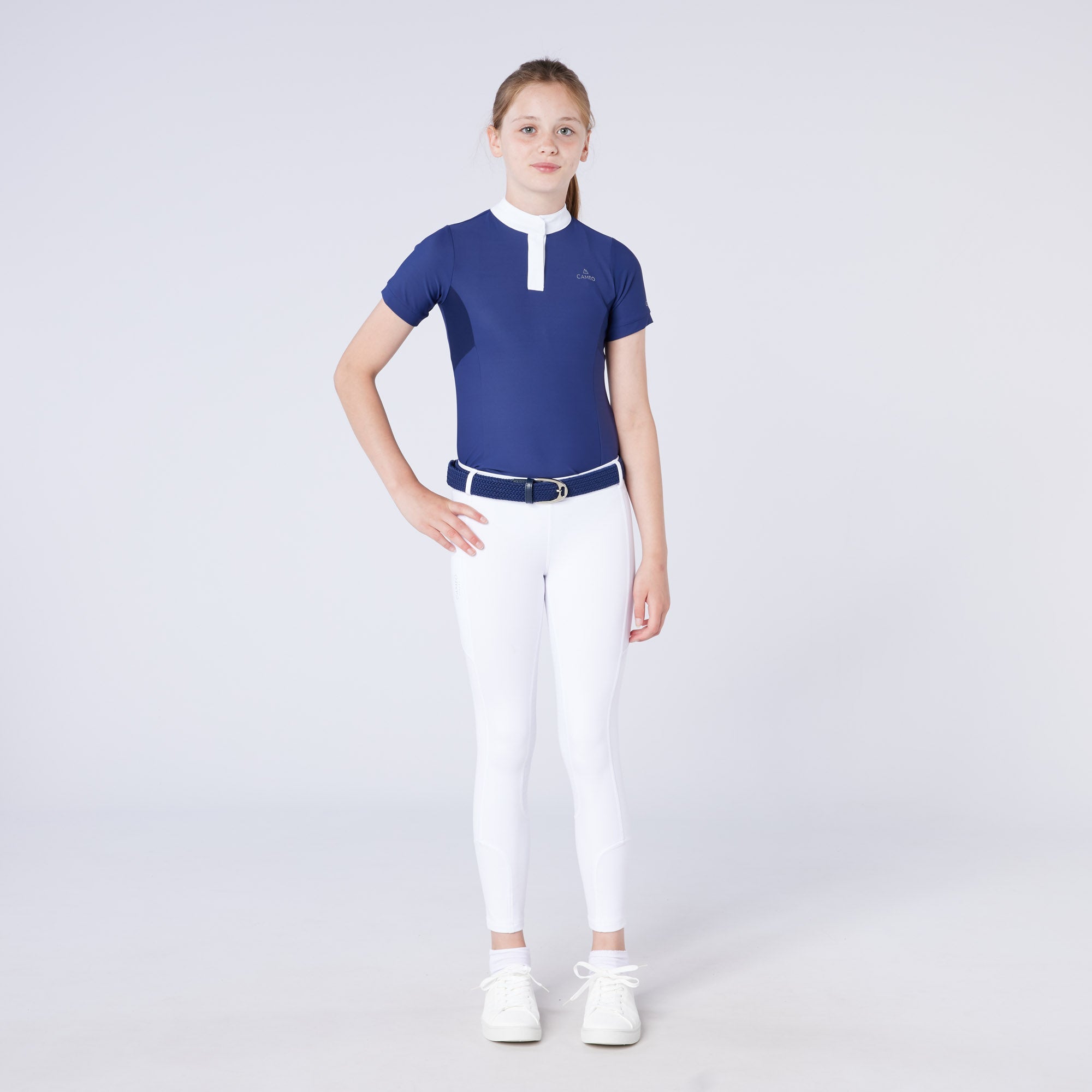 Girl in CAMEO Junior Charlotte Navy Show Shirt: Equestrian Apparel, White Breeches, Belt, Youth Competition Outfit