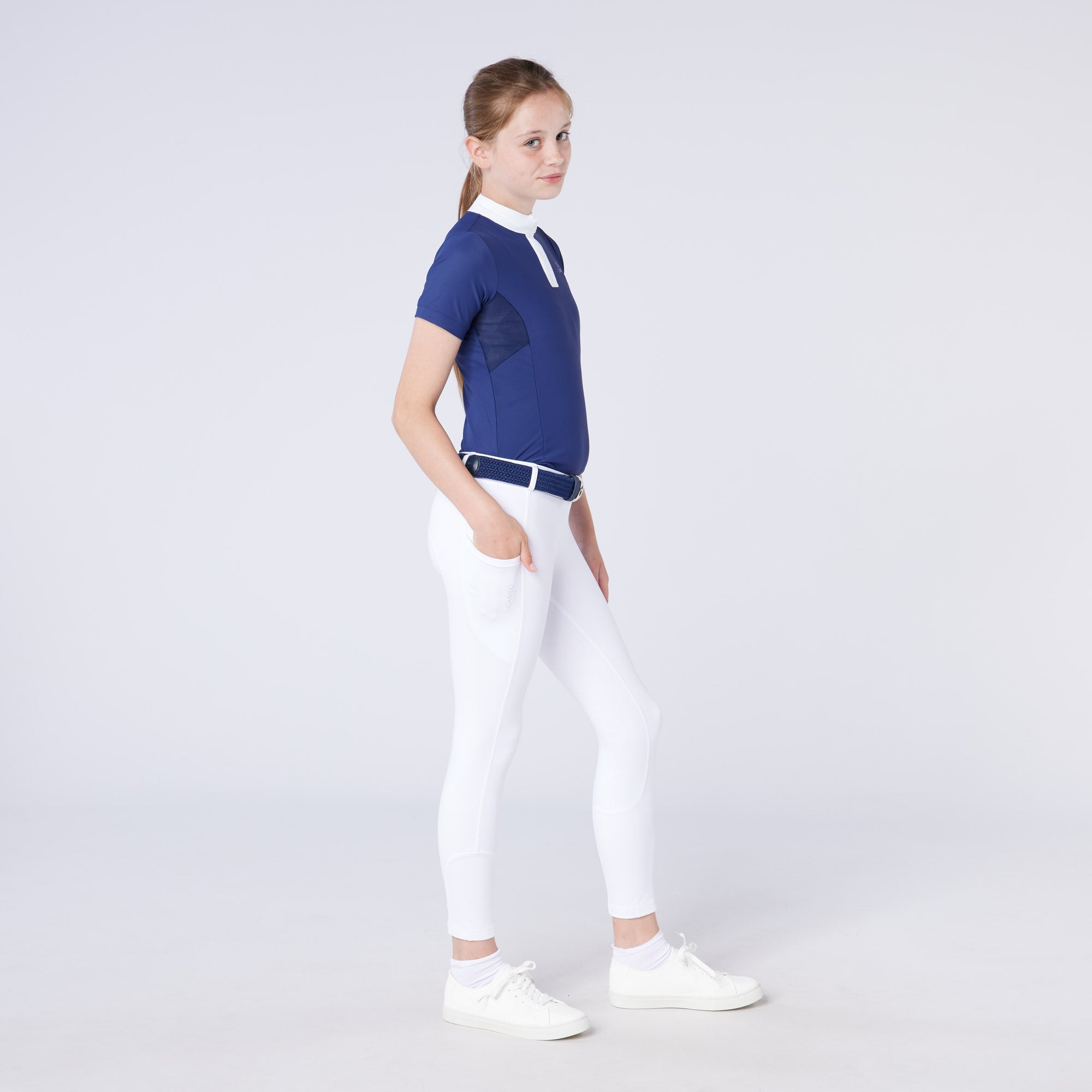 CAMEO Junior Charlotte Navy Show Shirt - Equestrian Apparel for Young Riders, White Riding Breeches