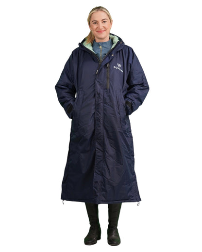 Evolution Women's Warm Waterproof Long Horse Riding Coat Thick Fleece Lining Cosy Fleece Lined Hood in Navy/Jade full length studio 