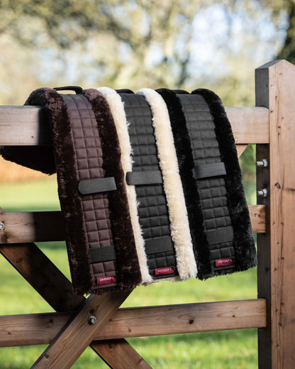 Lemieux Simuwool GP Girth Covers: Brown & Black faux lambswool horse girth cover by Equiflair