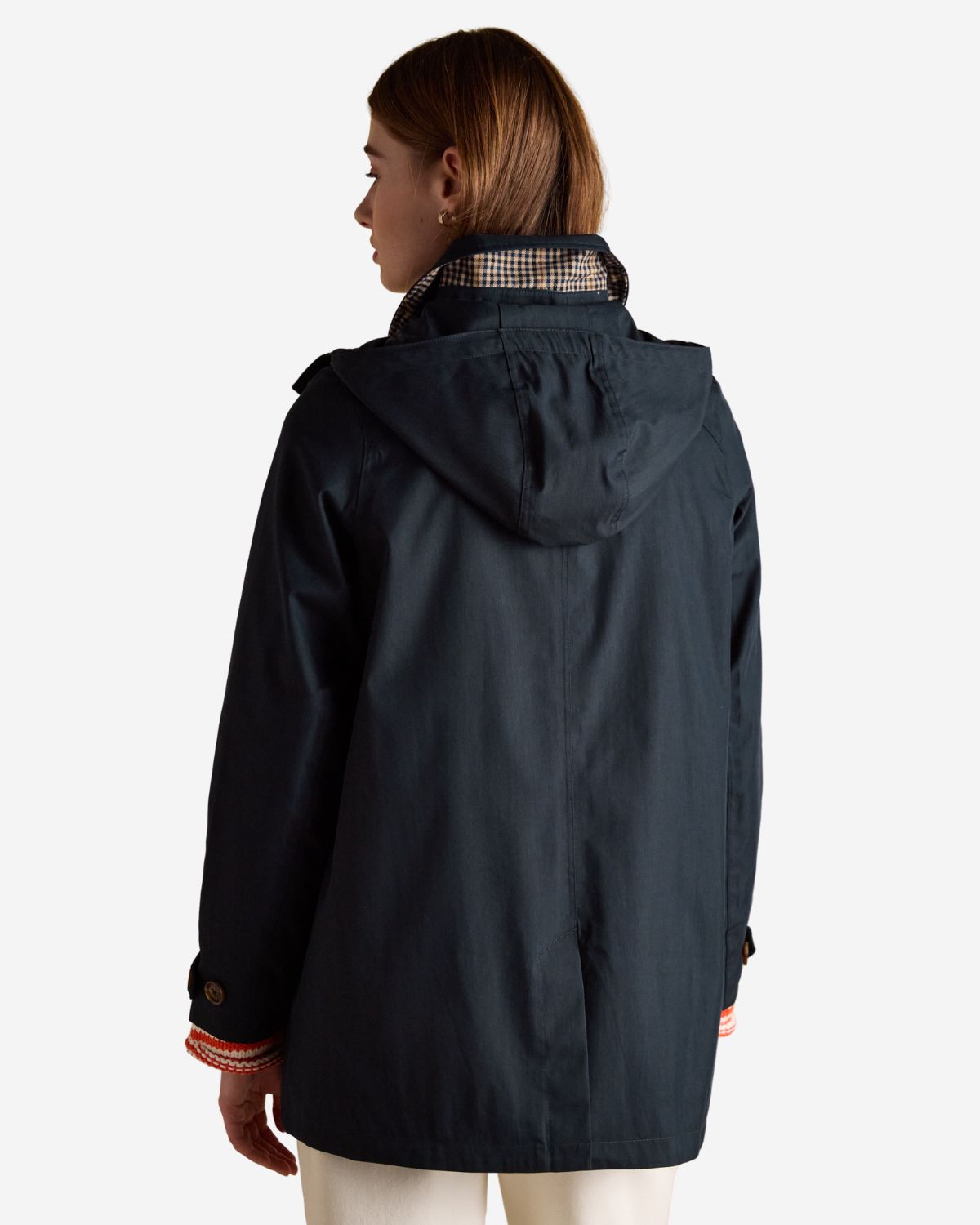 Joules Raincoat - Navy Waterproof Button-Through Rainmore Coat with Hood & Checked Lining