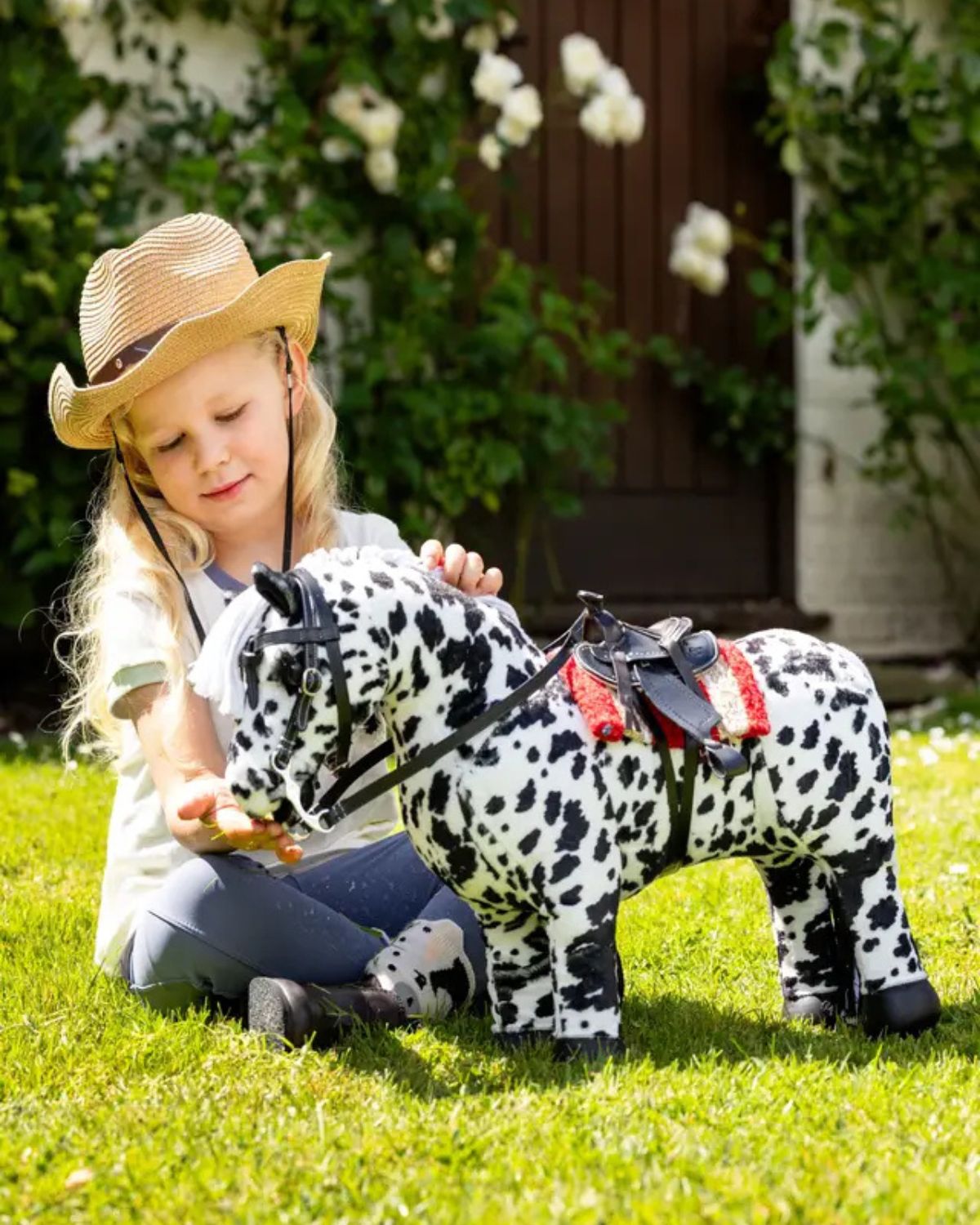 LEMIEUX Dakota Black Appaloosa Toy Pony: Girl plays with spotted horse from Equiflair. Children's horse toy, Appaloosa Dakota.