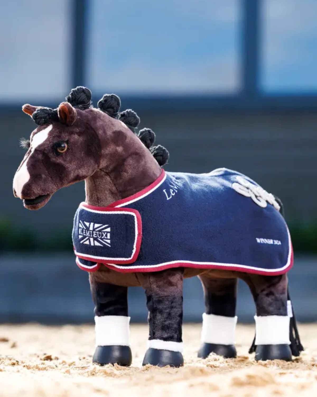 Lemieux Toy Pony Navy Winners Rug: Miniature horse rug with logo, braiding & hip ornaments. Perfect for toy pony awards & play.