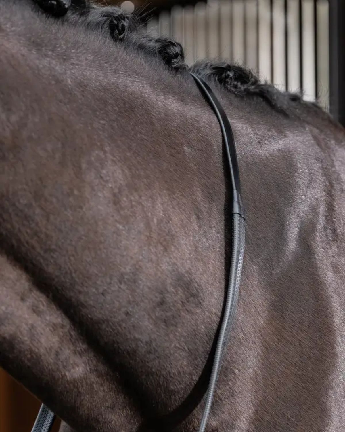 LeMieux Rubber Reins Black: Close-up of horse tack with braided mane and textured rubber reins for a secure grip.