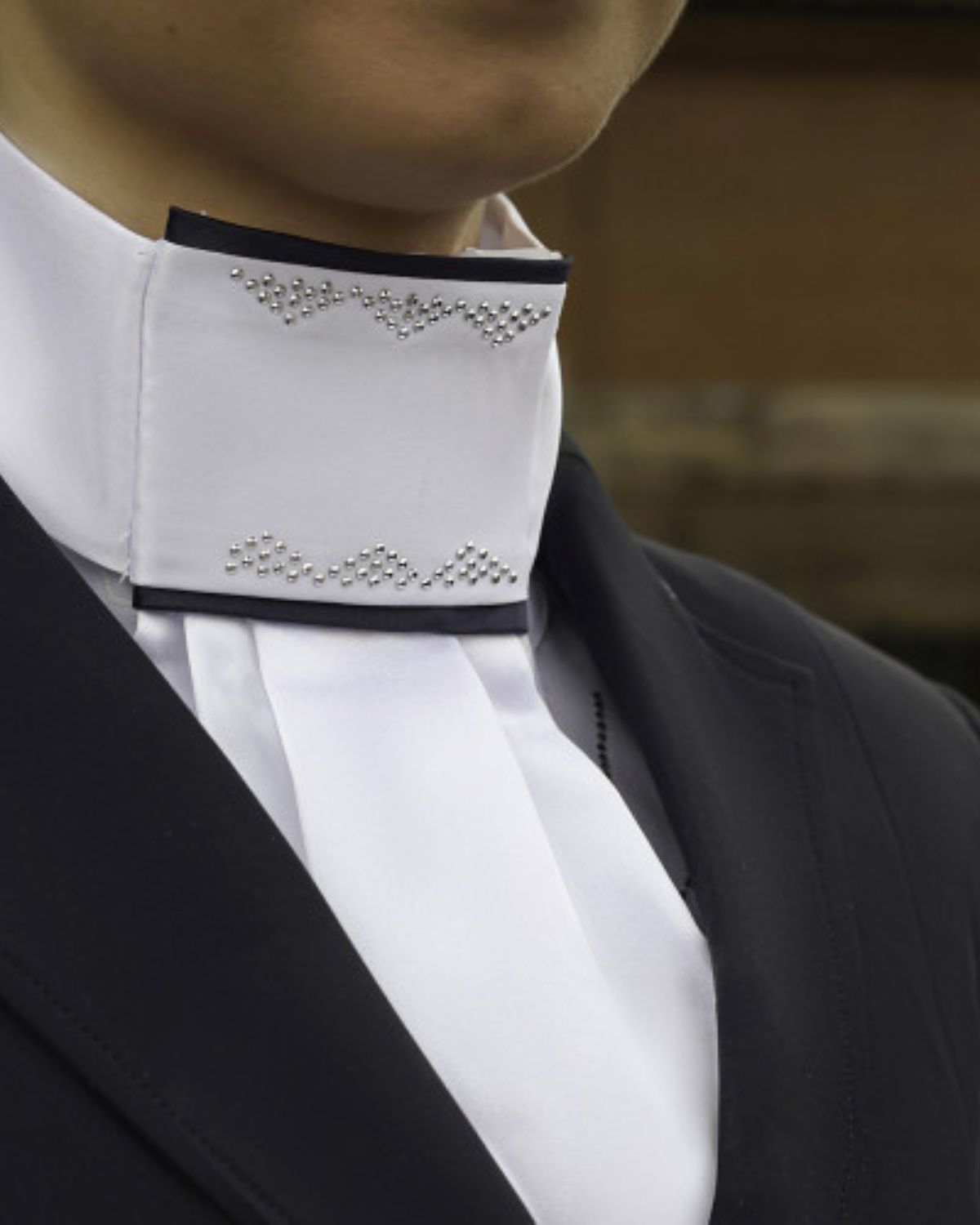 Equestrian Show Stock Tie - White with Navy Trim & Diamantes, Ready Tied