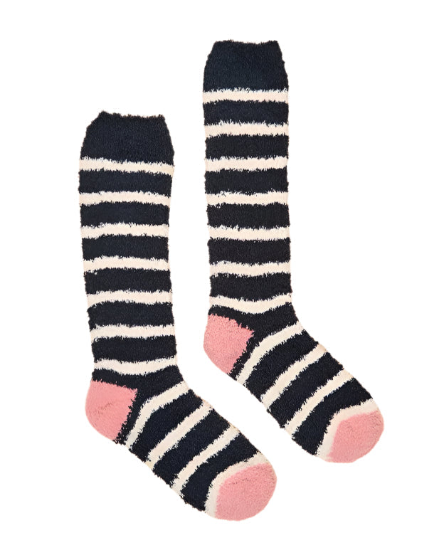 Joules Fluffy Socks: Navy Stripe, Super Soft Socks with Pink Heel/Toe, Cozy, Striped Fuzzy Socks