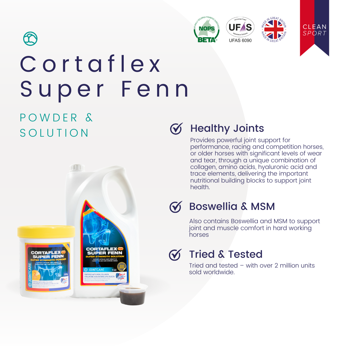 Cortaflex HA Super Fenn Solution: Equine joint support with collagen, MSM & hyaluronic acid. BETA NOPS accredited.