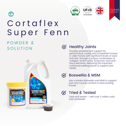 Cortaflex HA Super Fenn Solution: Equine joint support with collagen, MSM & hyaluronic acid. BETA NOPS accredited.