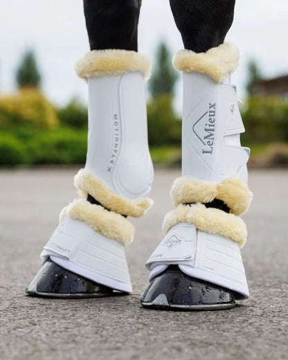 LeMieux Motionflex Over Reach Boots - White with Natural Fleece Edge | Equine Protective Gear