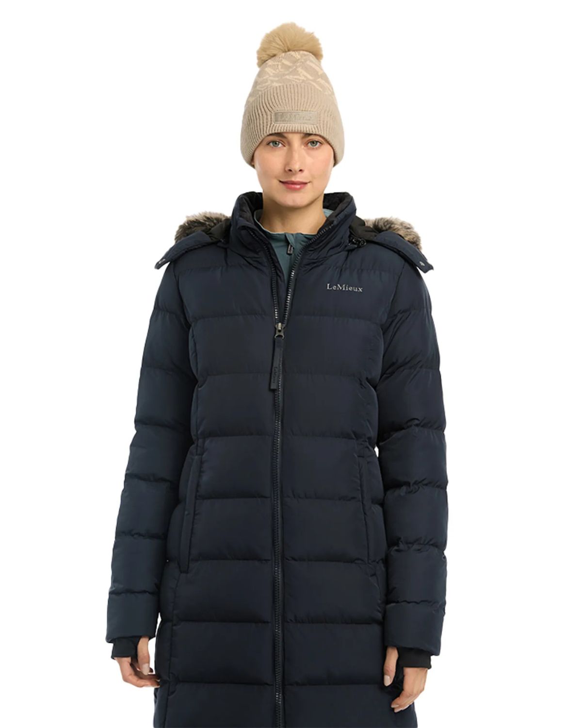 LeMieux Harper Navy Longline Puffer Coat: Women's Winter Fashion Outerwear, Faux Fur Trim Hood, Stylish and Warm