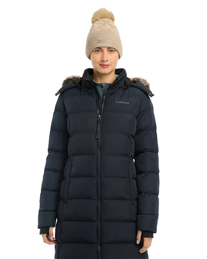 LeMieux Harper Navy Longline Puffer Coat: Women's Winter Fashion Outerwear, Faux Fur Trim Hood, Stylish and Warm