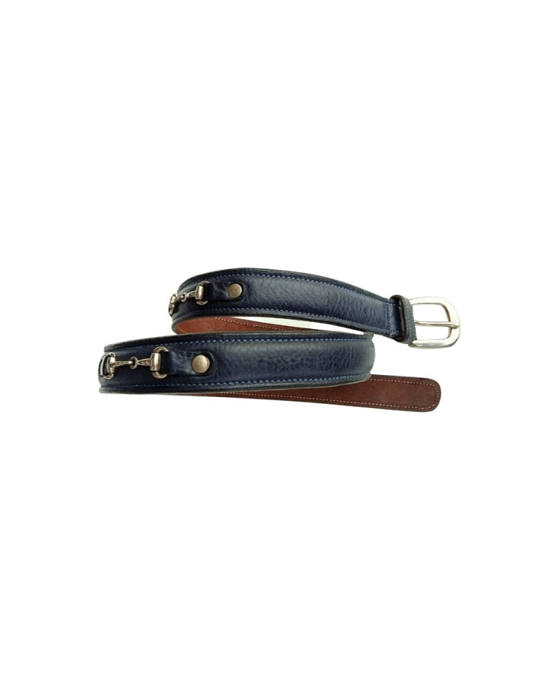CAMEO LEATHER BELT - Equiflair. Navy Leather Belt with Snaffle Bit detailing. Equestrian style leather belt.