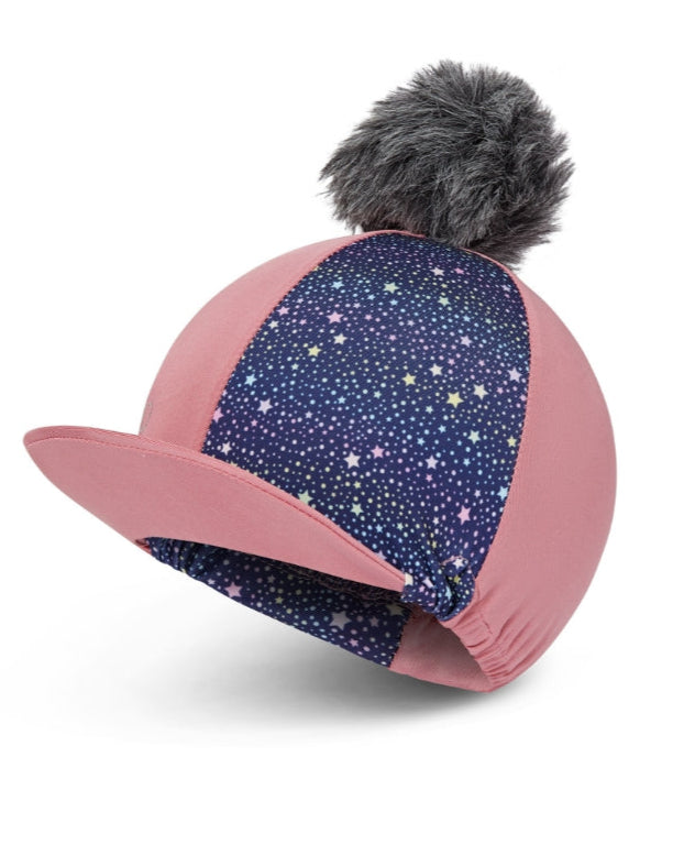 Pink Riding Hat Silk with Stars and Pom Pom - Equestrian Helmet Cover