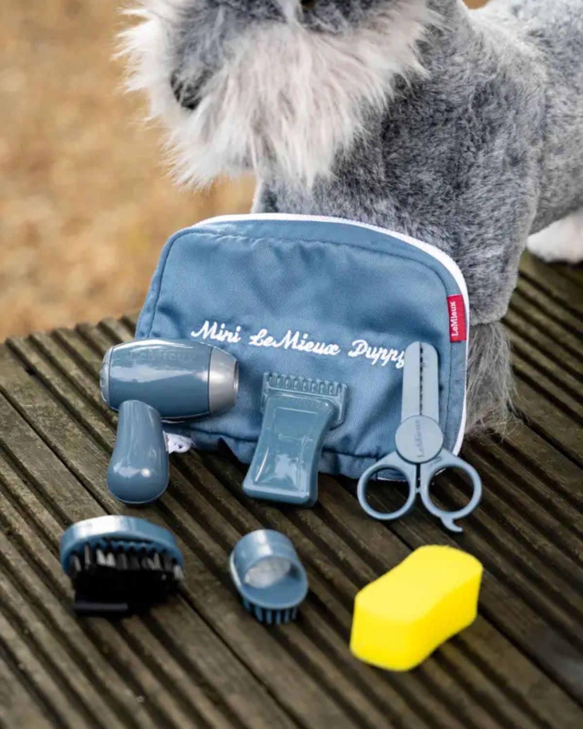 LEMIEUX TOY PUPPY GROOMING KIT ICE BLUE - Pretend play dog grooming set with bag, brush, clippers, and scissors