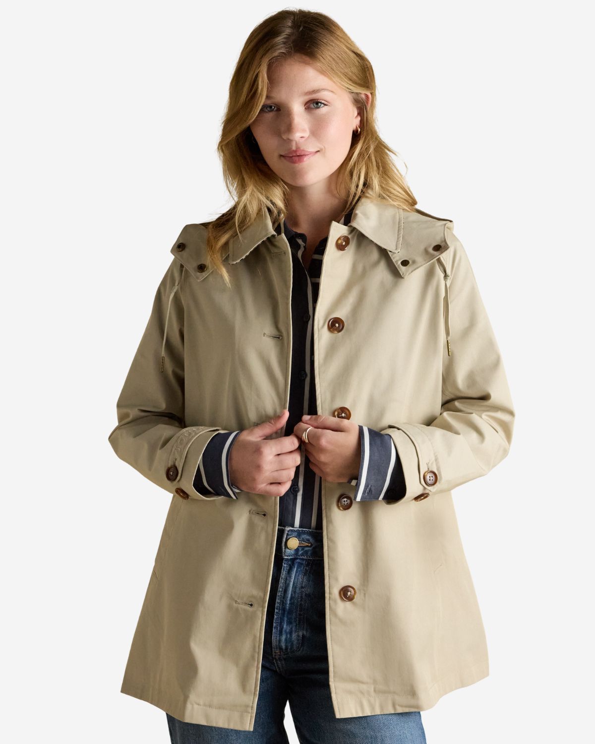 Joules Rainmore Neutral Waterproof Raincoat - Button-Through Hooded Jacket