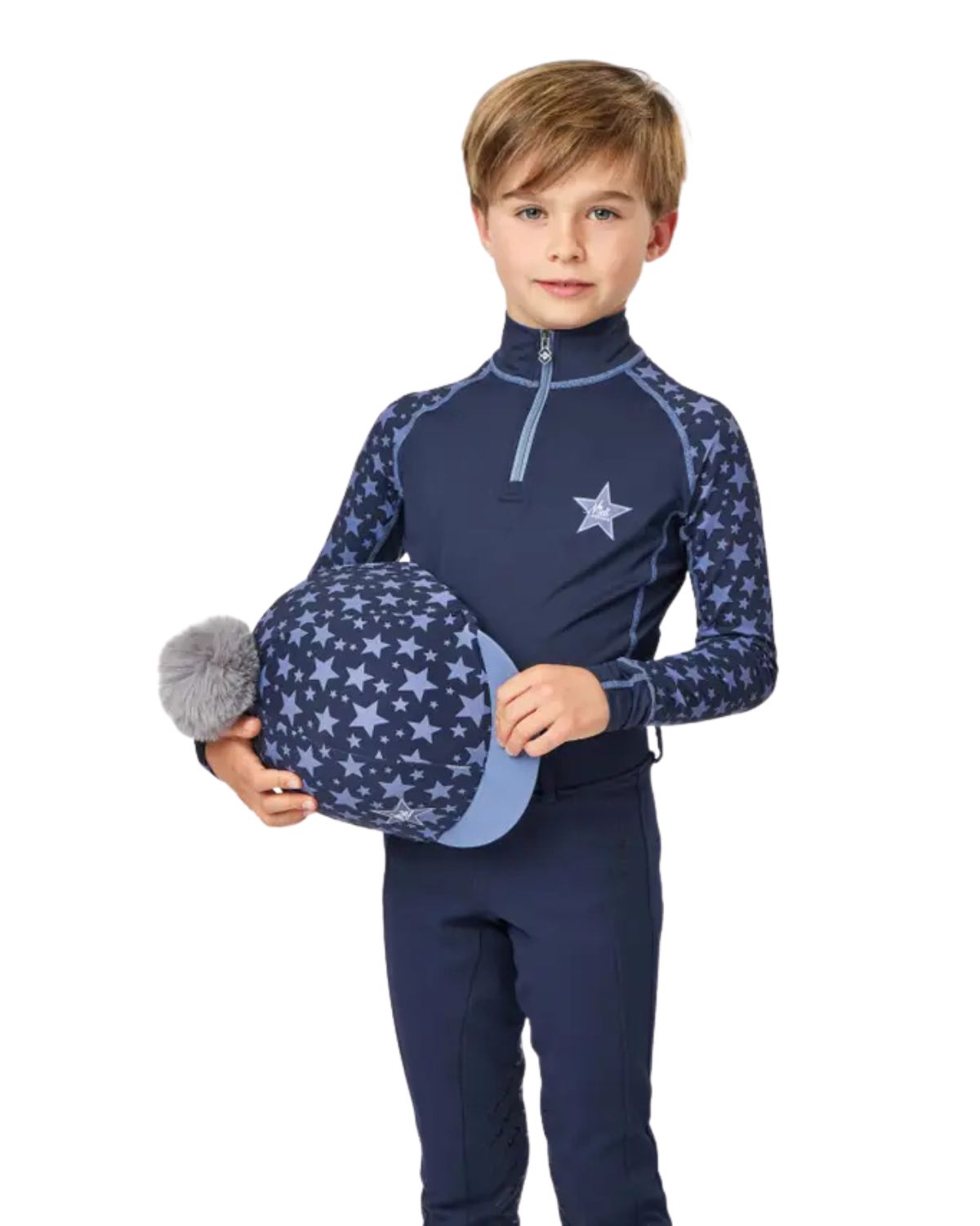 LeMieux Mini Hat Silk Indigo - Equestrian Children's Helmet Cover with Star Design & Faux Fur Pom Pom