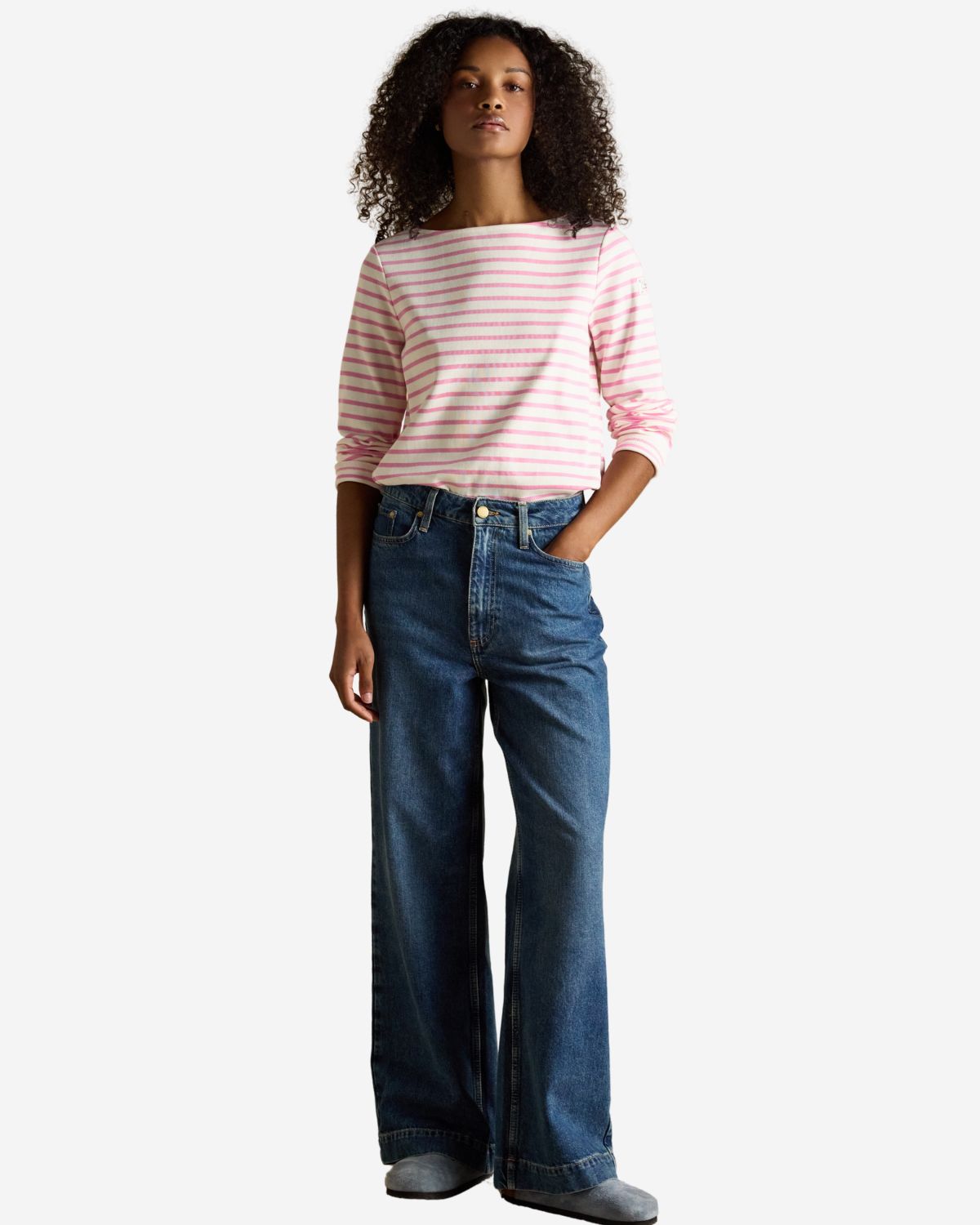 Joules Harbour Cream & Pink Striped Boat Neck Long Sleeve Breton Top