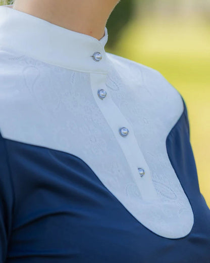Navy & White Equestrian Competition Shirt: Lace Overlay, Pearl Buttons, High Collar | Horse Riding Apparel
