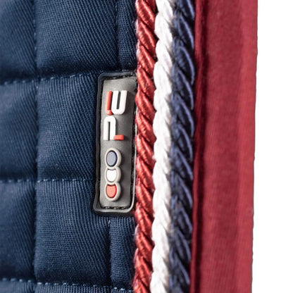 PREMIER EQUINE European Cotton GP/Jump Square Saddle Pad - Navy Blue. Close-up view of premium equestrian equipment.