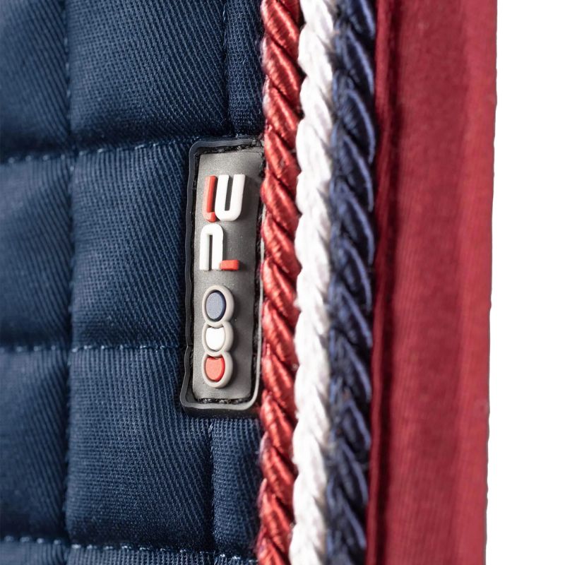 PREMIER EQUINE European Cotton GP/Jump Square Saddle Pad - Navy Blue. Close-up view of premium equestrian equipment.