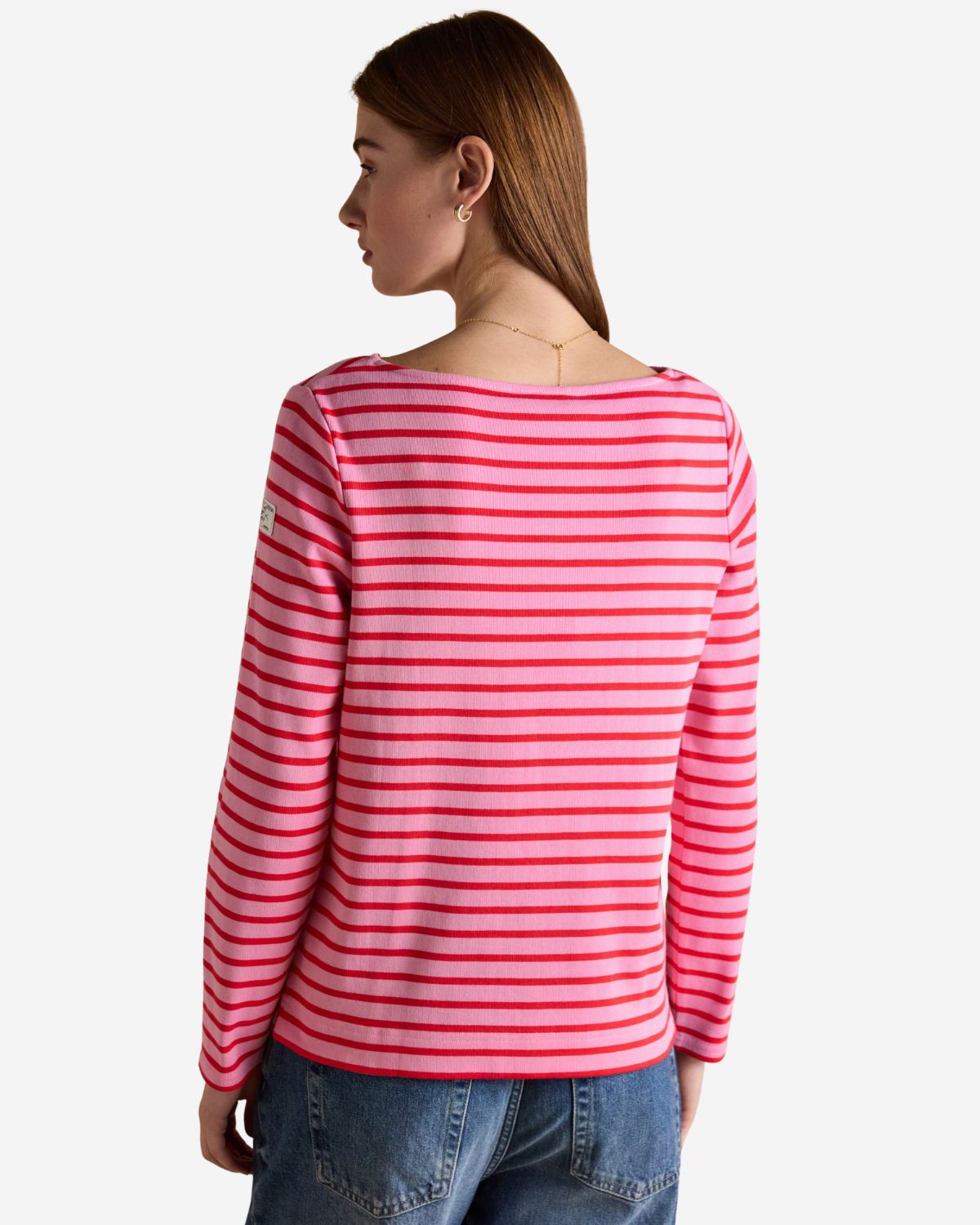 Joules Harbour Pink & Red Striped Boat Neck Long Sleeve Breton Top