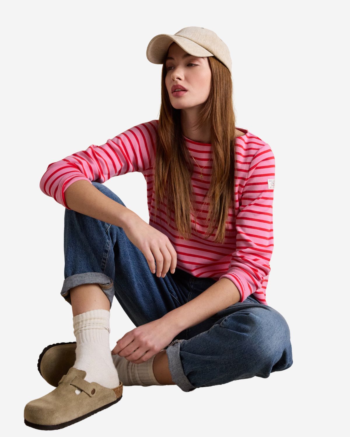 Joules Harbour Pink & Red Striped Boat Neck Long Sleeve Breton Top