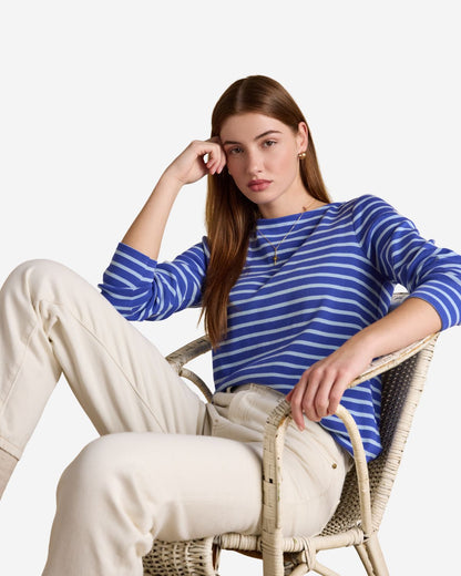 Joules Harbour Dark Blue/Sky Blue Striped Boat Neck Long Sleeve Breton Top | Equiflair
