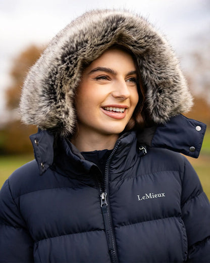 LeMieux Harper Navy Puffer Jacket with Faux Fur Hood - Longline Quilted Winter Coat