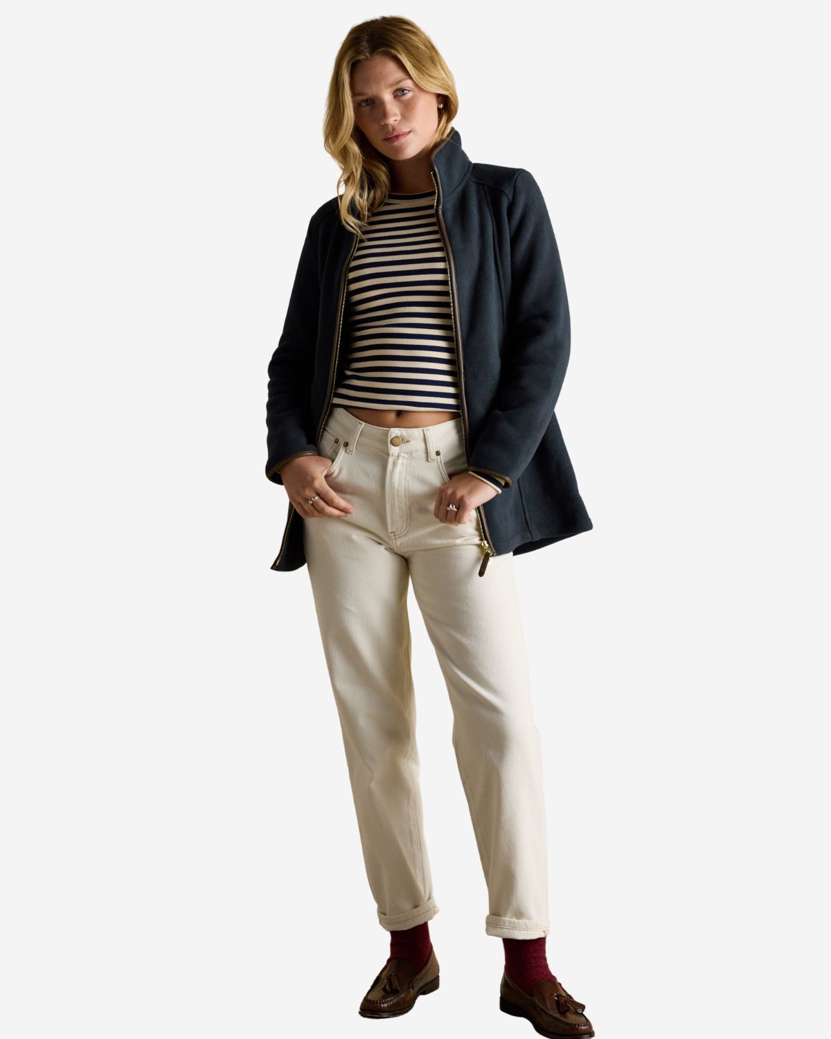 Joules Heritage Navy Longline Zip-Up Fleece Jacket - Equiflair. Flattering women's outdoor fleece with faux leather trims and pockets.