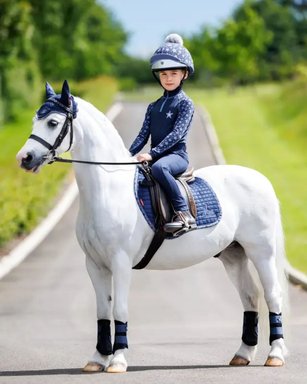 Mini LeMieux Indigo Hat Silk: Child Rider on Pony with Matching Star Equestrian Outfit