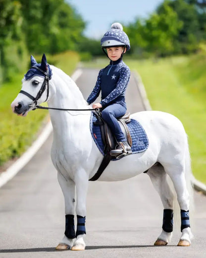 Mini LeMieux Indigo Hat Silk: Child Rider on Pony with Matching Star Equestrian Outfit